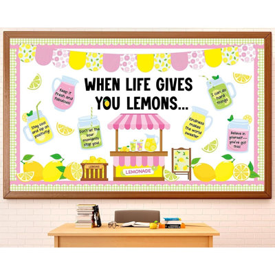 Ensemble de babillard Summer Lemon - décorations de classe de support de limonade, découpes de papier citron, bordures de babillard, mur de retour à l'école, fenêtre, tableau noir et porte décorative pour les enseignants