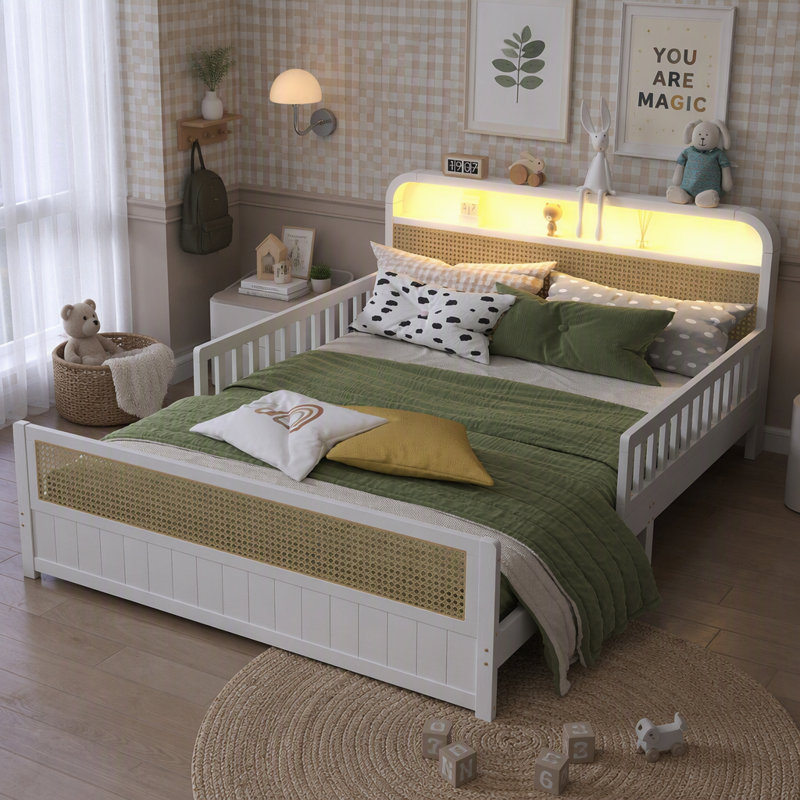 Structure de lit en rotin avec lumières DEL et tête de lit avec rangement, Full / Double, White