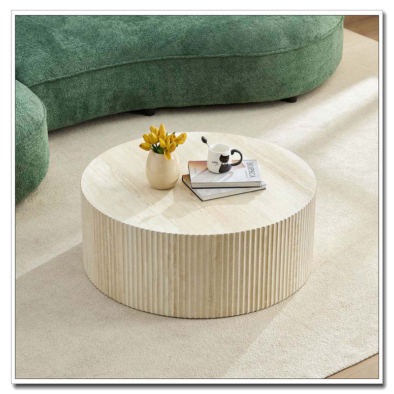 Table basse ronde avec relief fabriqué à la main, Naturel