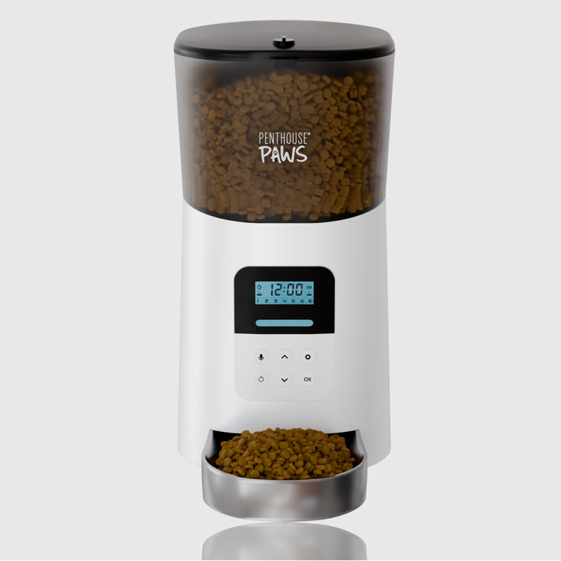 Penthouse Paws® Smart Automatic Dog Feeder with LCD screen– 6L Capacity, App-Controlled, Voice Recorder, Anti-Jam, Battery Backup – Black - Stainless Steel