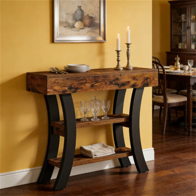 Console incurvée avec 3 tablettes de rangement ouvertes, canapé de hall d'entrée contemporain en panneau de fibres à densité moyenne, bureau de rangement à pieds ajustables et rustique pour le couloir du salon
