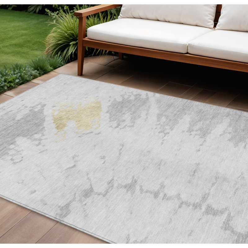 Tapis extérieur lavable abstrait gris argenté et ivoire 10 pi x 14 pi
