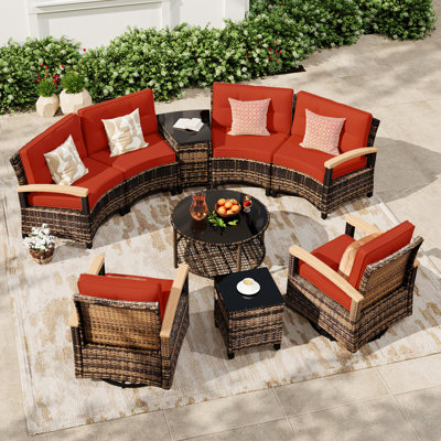 Meissalivve 9-Piece Half-Moon Curved Outdoor Patio Furniture Set, Sectional Conversation Sofa With 2 Swivel Glide Chairs, Coffee & Side Tables For Backyard Deck Garden, Red