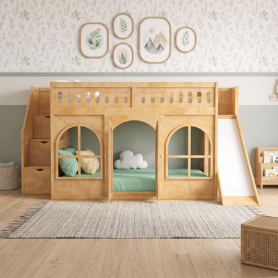 Lit mezzanine en bois avec escalier de rangement, garde-robe et glissade