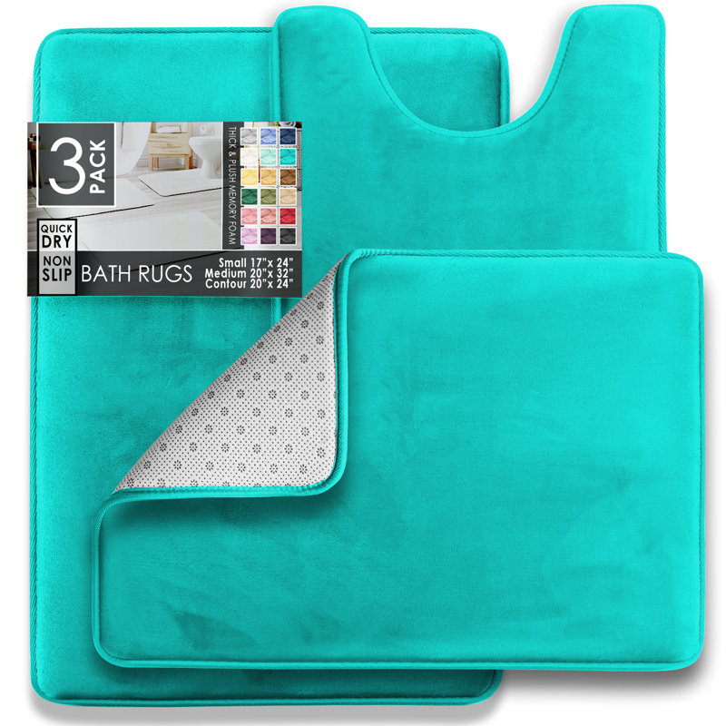 Aighan 3 Piece Ultra Soft and Absorbent Memory Foam Bath Rug Set with Non-Slip Backing, Teal