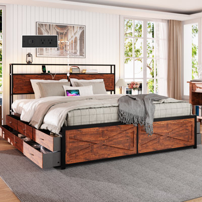 Farmhouse Queen Size Storage Bed Frame with 12 Drawers, LED Headboard with Charging Station