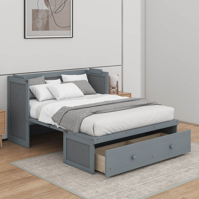 Lit escamotable double avec port USB et tiroir, Gris, Queen