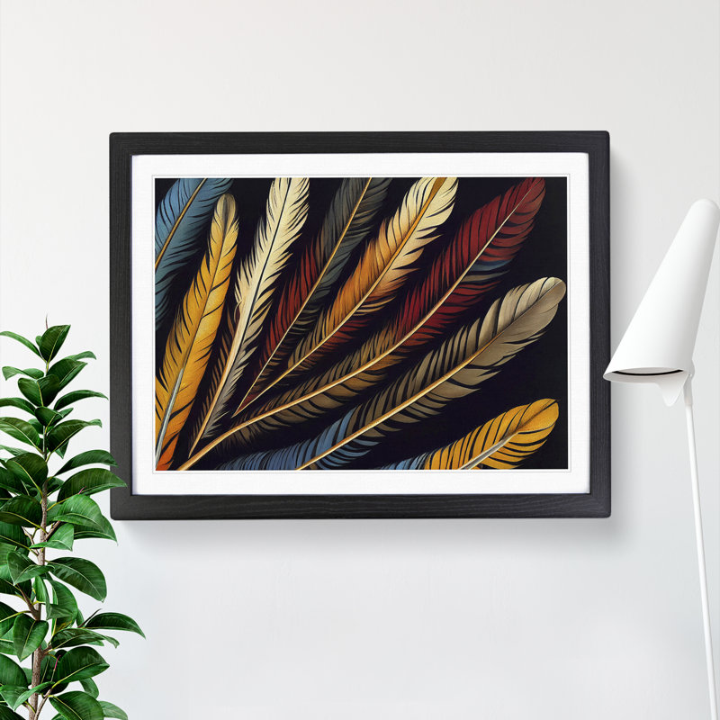 Divine Bird Feathers - Single Picture Frame Print, 46cm H x 64cm W x 2cm D, Black