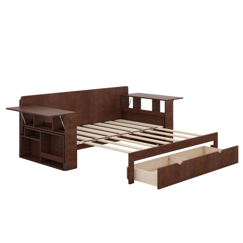 Full Size Daybed With Removable Desk, Storage Drawers & Hydraulic Side Table, Wooden Daybed Sofa Bed, 4-In-1 Multifunctional Design