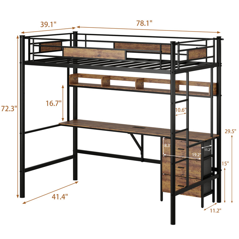 Loft Bed Twin Size With L-Shaped Desk, Charging Station, Twin Metal Loft Bed Frame With Fabric Drawers & Shelve,  Safety Guardrail, No Box Spring Needed, Brown