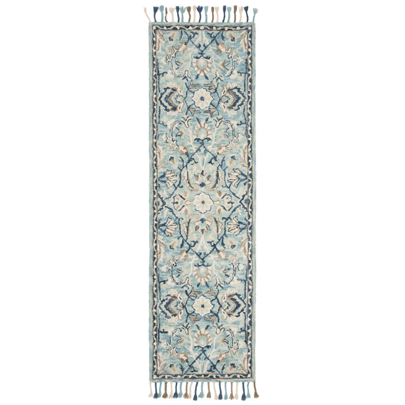 Tapis bleu / ivoire en laine touffeté à la main Jahiem, Tapis de couloir 2 pi 3 po x 10 pi