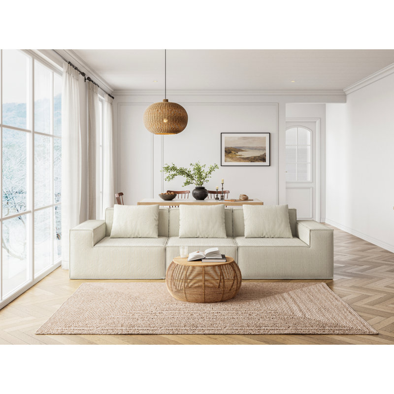 Convertible modulaire blanc pour trois personnes de 118 pouces, velours côtelé velours doux, mousse haute, soutien du corps, sans assemblage, utilisation multifonctionnelle dans un lit d'appoint convertible, combinaison, velours velours côtelé, rebond,