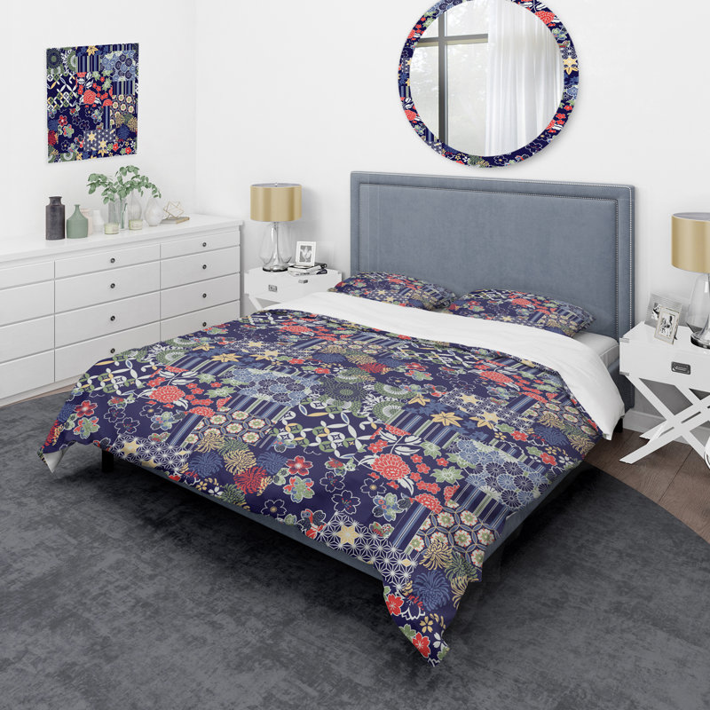 Ensemble de housse de couette à motif patchwork bleu traditionnel, Housse de couette pour très grand lit et 2 très