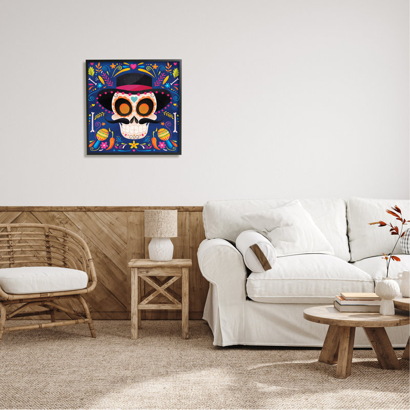 Jour de mort à motif de crâne encadré sur bois par ND Art, impression, H 24 po x l 24 po, Giclée encadrée noir minuit