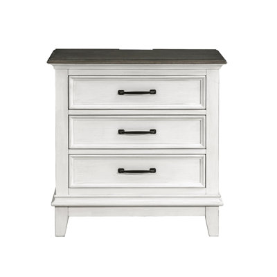Mikels Rustic Oak Wood 28"W 3‑Drawer Nightstand with Built‑In Power Outlets & USB Ports