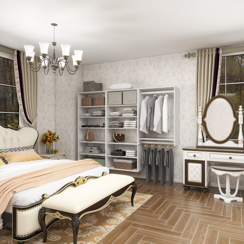 White Modular Walk in Closet Organizer System with 2 rods and 12 shelves