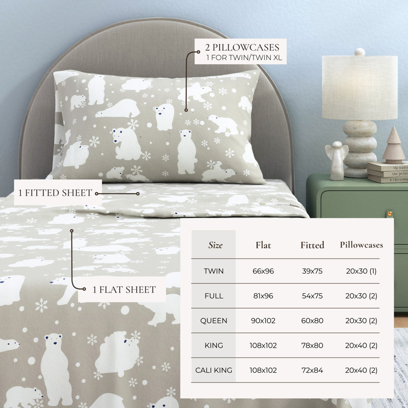 100% Turkish Cotton Flannel Christmas Sheet Sets, Polar Bears White, Queen with 2 Pillowcases