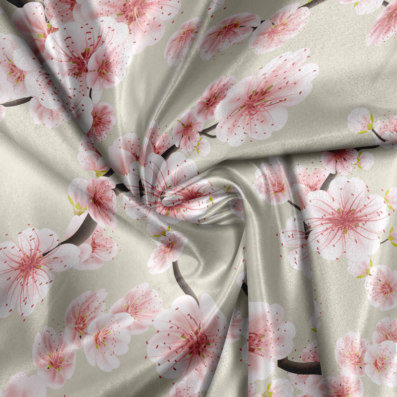 Rustic curtain, flowering cherry blooms, beige