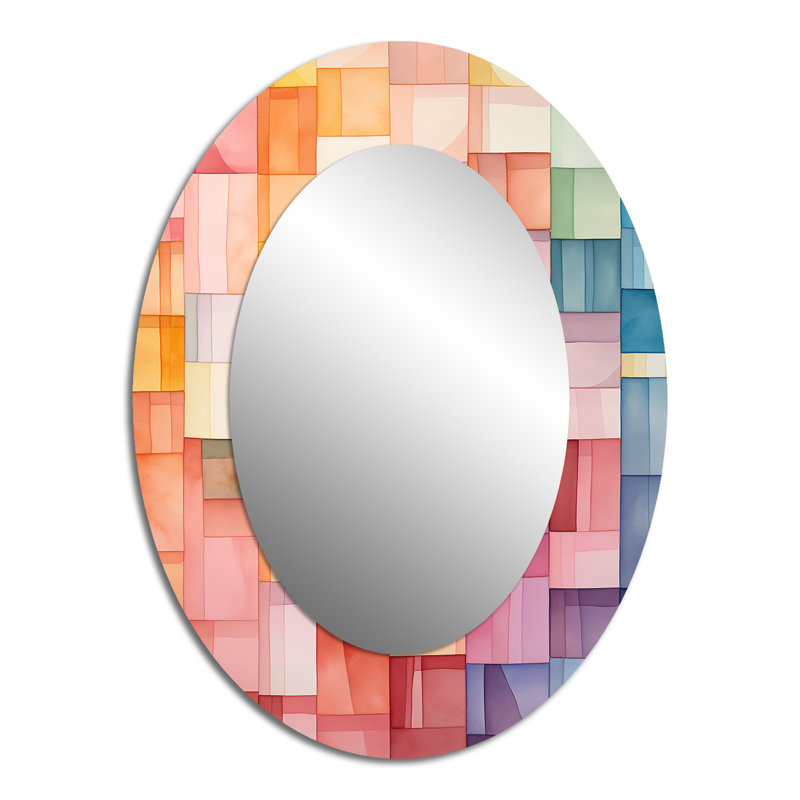 Hardedge Pastel Symetry I - Abstract Oval Decorative Mirror On Metal, 40" x 30"