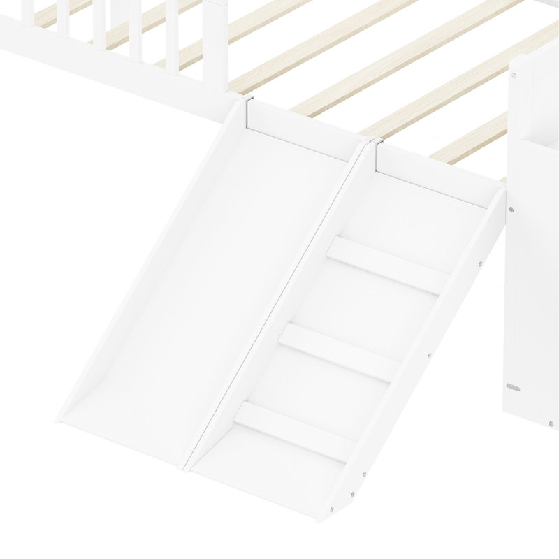 Structure de lit simple Lit simple avec tablette de rangement, avec glissière et échelle, lit plateforme avec garde-corps, aucun sommier requis, assemblage facile, blanc