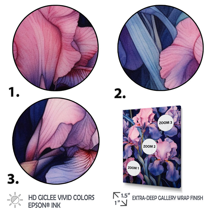 Rose, bleu, iris et pétale I, H 44 po x l 34 po x P 1,5 po, Cadre flottant noir