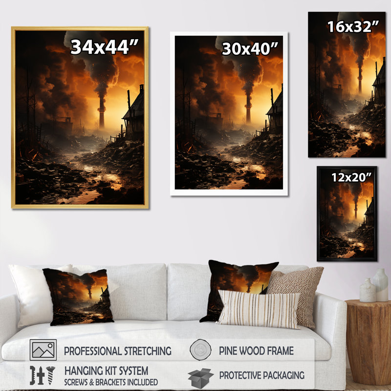 Paysage industriel monochrome au coucher du soleil sur toile, Cadre doré simple, H 32 po x l 16 po x P 1 po