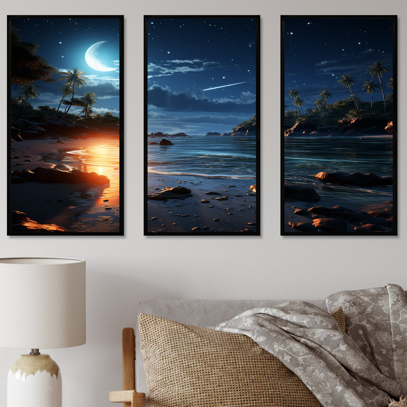 Mystic Tropical Beach Moonlight I - Art mural plage, H 28 po x l 36 po x P 1 po, Cadre flottant noir