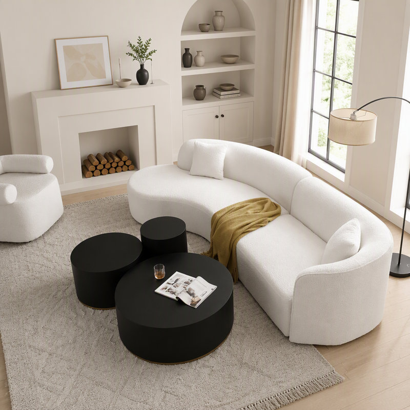 Canapé d'angle incurvé avec méridienne, 2 pièces, style moderne et luxueux, revêtement en tissu bouclé blanc, angle gauche