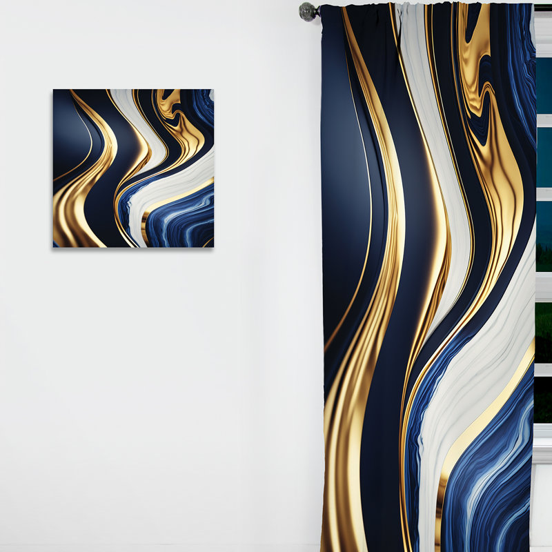 Abstrait géométrique vagues bleues et dorées V - Rideau moderne - Velours obscurcissant - 1 panneau, L 52 po x L 108 po