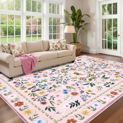 Washable Rugs for Living Room, Floral Animal Print Area Rug with Non Slip Backing, Low Pile & Stain Resistant Botanical Soft Accent Carpet for Dining Room, Under Table, Bedroom, Nursery