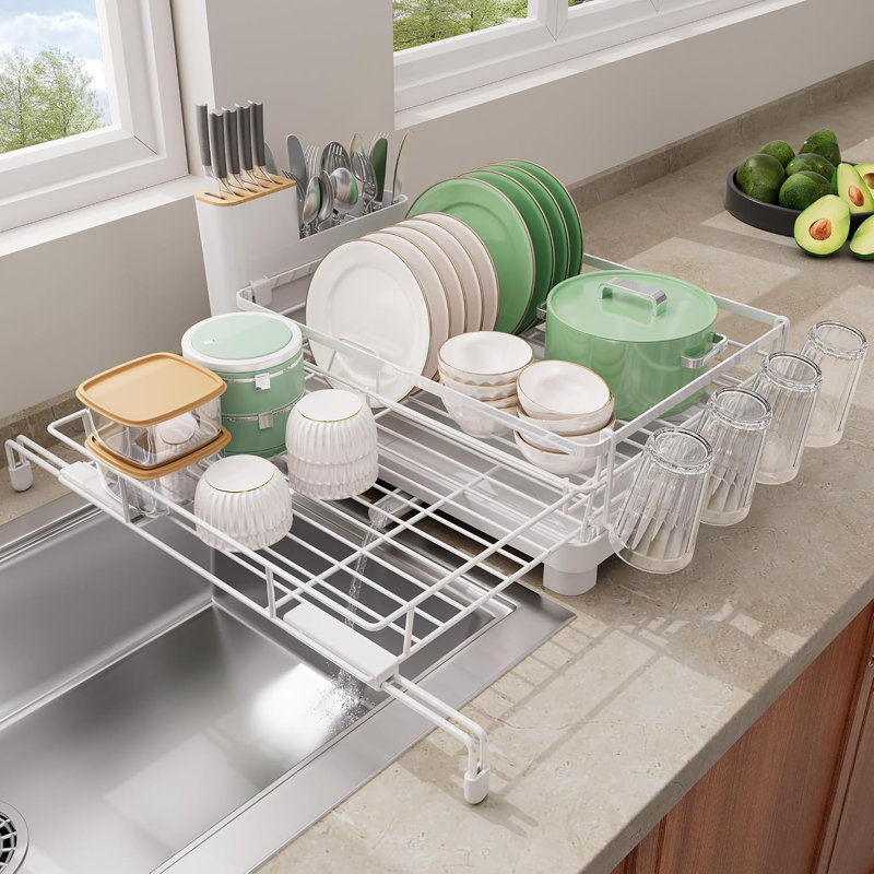 Stainless Steel Dish Strainer with Drainboard, Utensil Holder & Cup Holder for Kitchen Counter, White