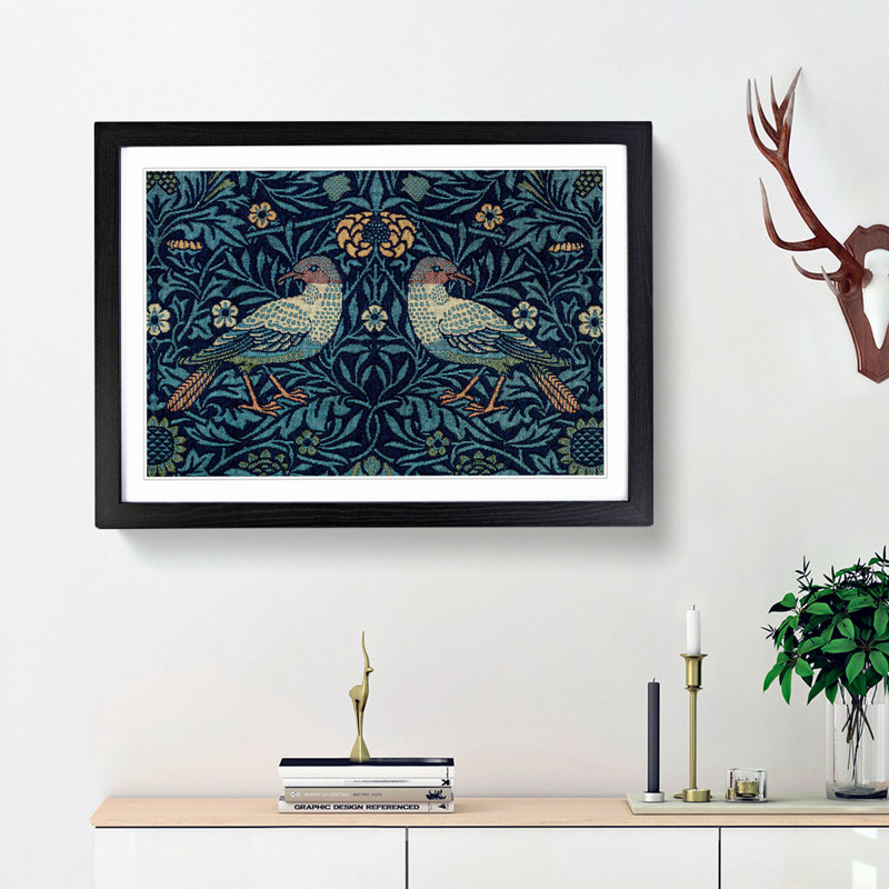 Flowers and Birds Pattern by William Morris - Picture Frame Graphic Art Print on MDF, Black Framed, 36cm H x 48cm W x 2cm D