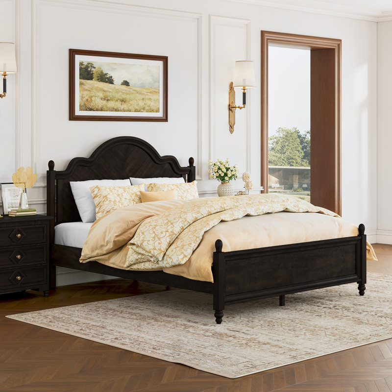 Mid-Century Modern Solid Wood Bed with Herringbone-Inspired Pattern Headboard, Queen, Vintage Black