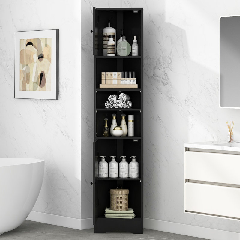 Multi-Functional Corner Cabinet Tall Bathroom Storage Cabinet with Two Doors, Black