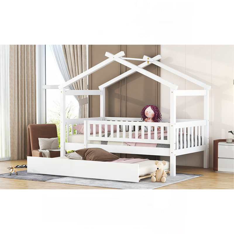 Lit simple en bois avec lit gigogne simple, blanc