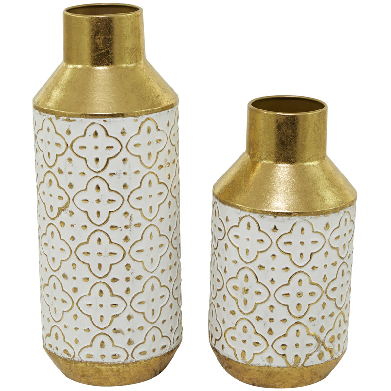 Metal Handmade Embossed Quatrefoil Decorative Gold Vase with Gold Detailing Set