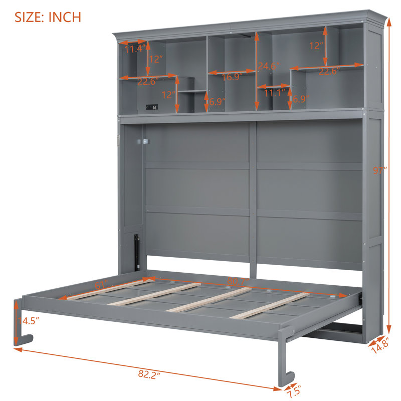  Grand lit escamotable avec tablettes et port USB, armoire murale peu encombrante, gris, gris