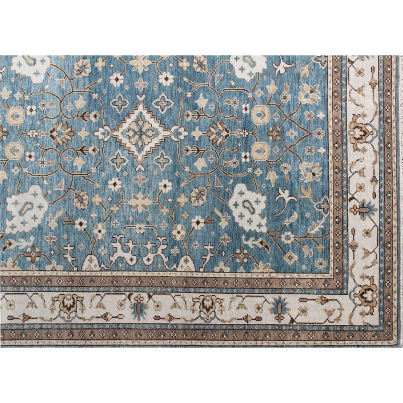 Hand Knotted Oushak Wool Rug- Transitional Blue & Cream Floral Area Rug- Premium Hand-Woven Traditional Rug