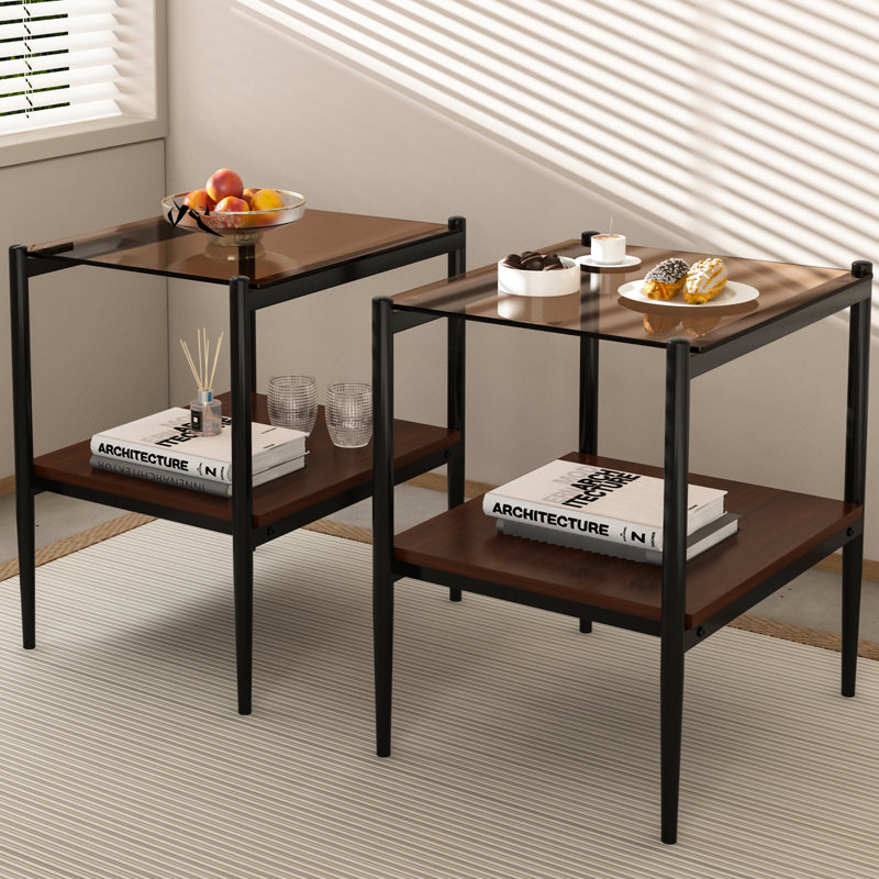 2 tables de bout rectangulaires robustes, en verre trempé et de couleur brune, L 19,1 po x l 15,25 po, H 21,58 po, capacité de charge de 110 lb de 2 tables de salon - teinte supérieure, capacité de charge