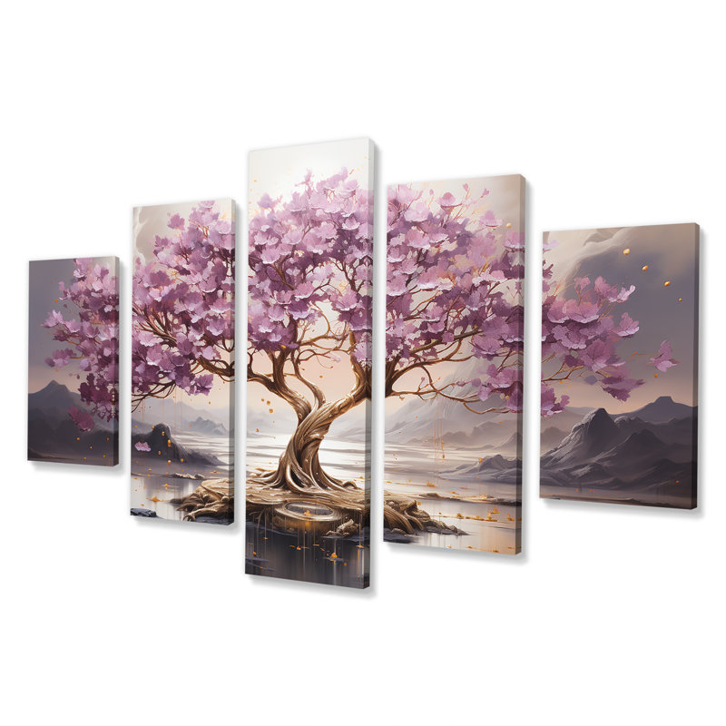 Arbre de fleurs de cerisier mauve au bord du lac I - Ensemble d'art mural multi-panneaux