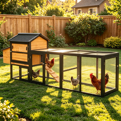  Grand poulailler en bois avec couloir de 114 po avec poulailler, nichoir pour 2 à 6 poules, cage à poulets pour l'extérieur, cage à poulets résistante aux intempéries pour la vie en plein air dans la cour naturelle (brun et noir)
