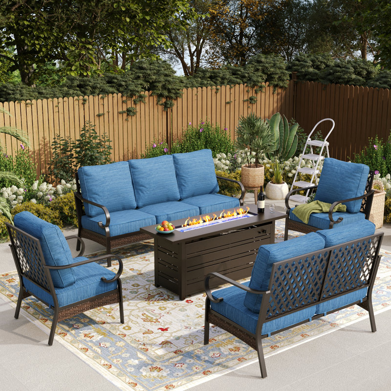 7 - Person Outdoor Furniture Sets With Fire Pit Table, Black/Peacock Blue/Black