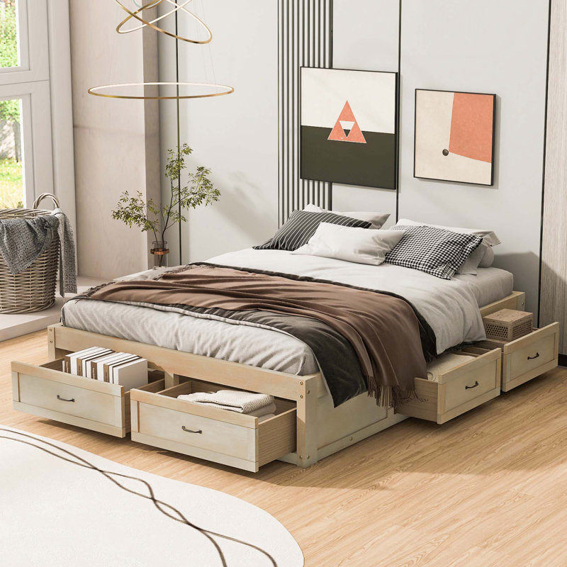 Lit plateforme avec 6 tiroirs de rangement, Naturel antique, Grand