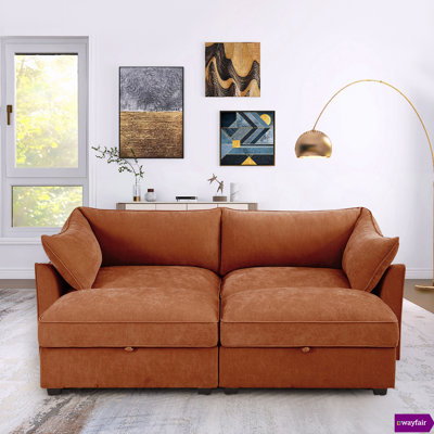 Odai 78.7"W Chenille 2-seater sofa with two ottomans, pull-out storage drawers under each ottoman and seat, armrests crescent Devise.