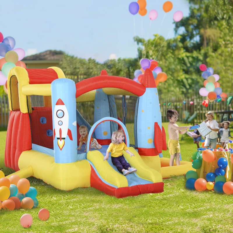 Outsunny Bouncy Castle with Slide Pool Rocket Trampoline w/ Carrybag, Blower