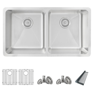 Évier de cuisine à double cuve encastrable ou encastré en acier inoxydable AZUNI Veneti 32 po avec grille, crépine et support de séchage, C233