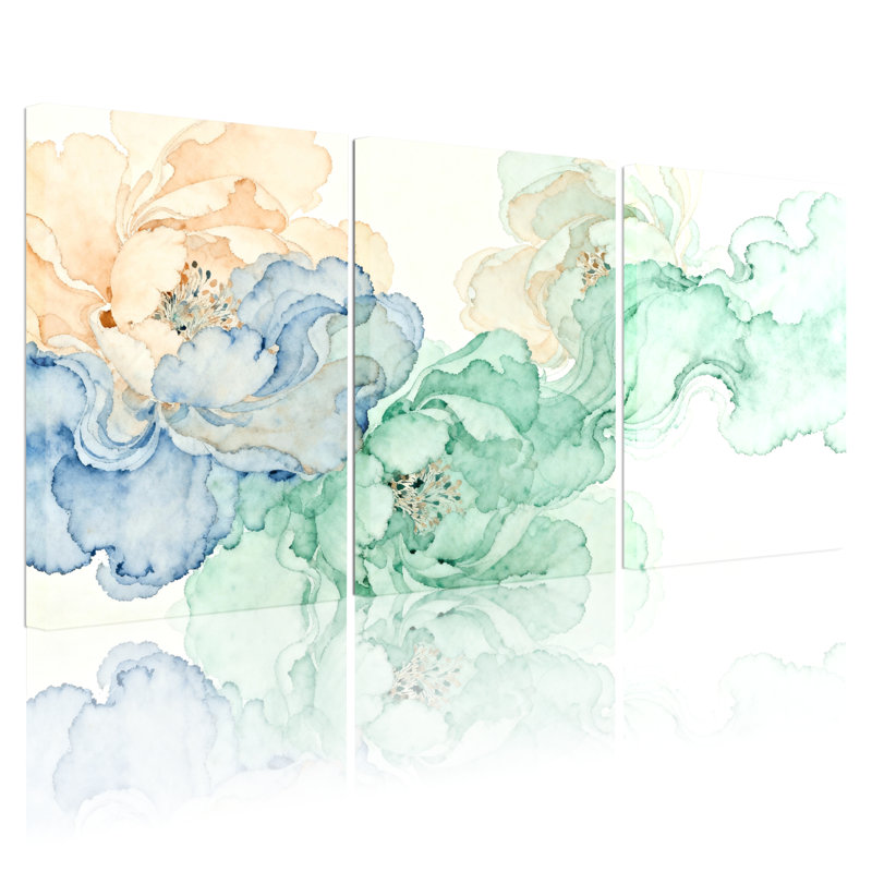 Plantes et fleurs, aquarelle douce, ensemble de 3 reproductions d'art sur toile, H 24 po x l 48 po