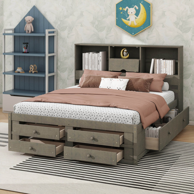 Lit plateforme avec tête de lit avec rangement et 8 tiroirs, Très grand lit, Gris