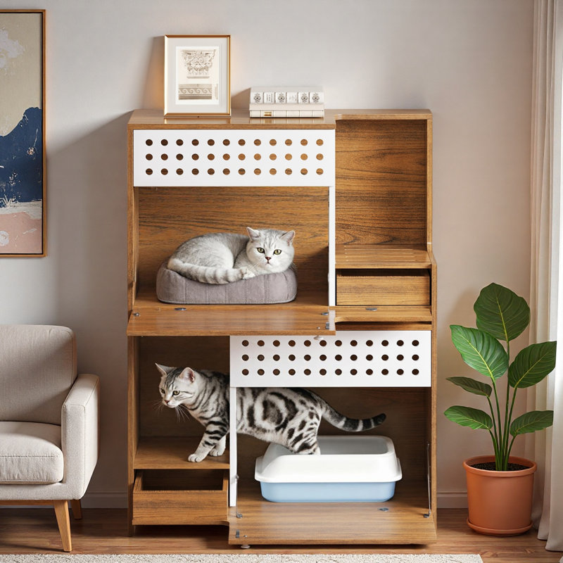 Ensemble de bac à litière moderne avec trous de ventilation Airy, Brun