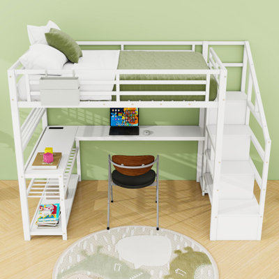 Full Size Metal Loft Bed With Built-In Staircase Storage, Wardrobe, And Desk